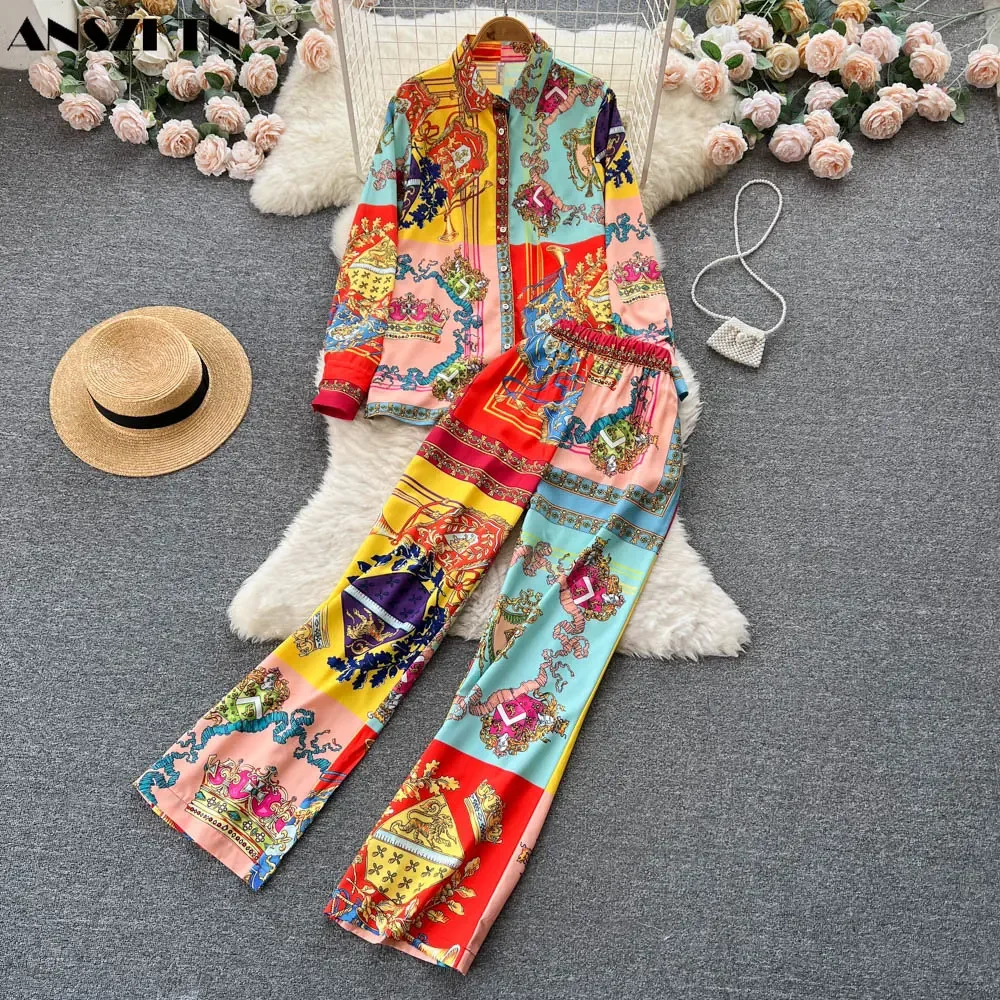 ANSZKTN Europe And The United States ANSZKTN Court Retro Print Shirt Wide Leg Casual Pants Two Piece Set