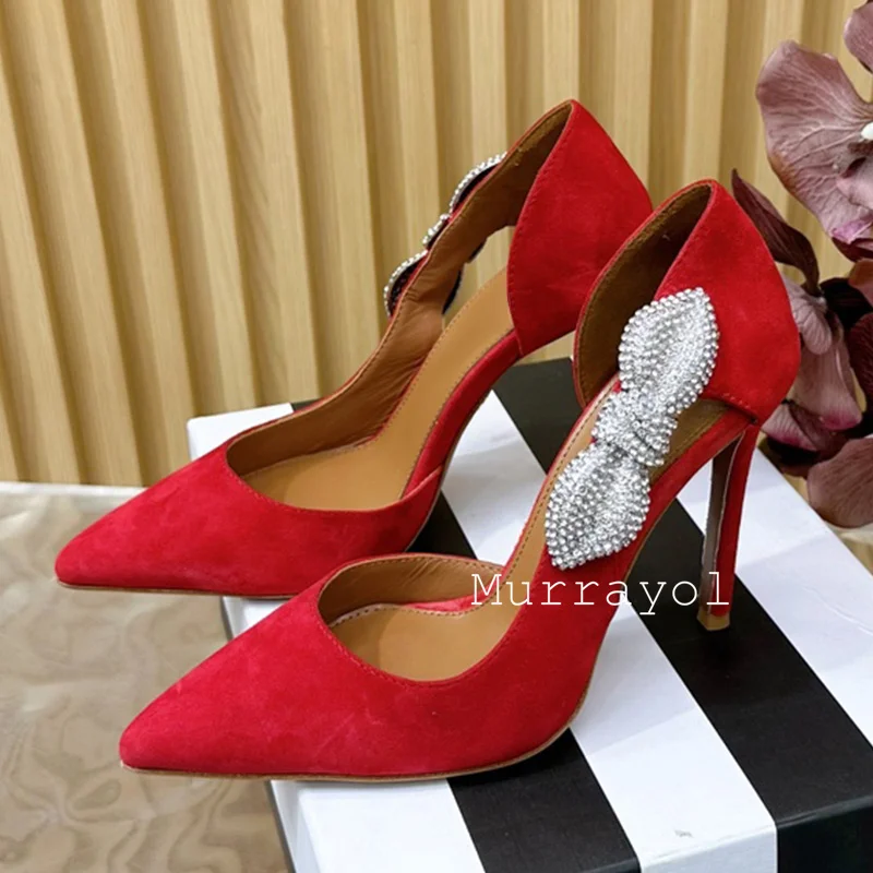 Cow Suede Shallow Mouth Thin Heel Sandals Women Pointed Toe Rhinestone Decor Single Shoes  Spring Summer Party Dress Shoes Pumps