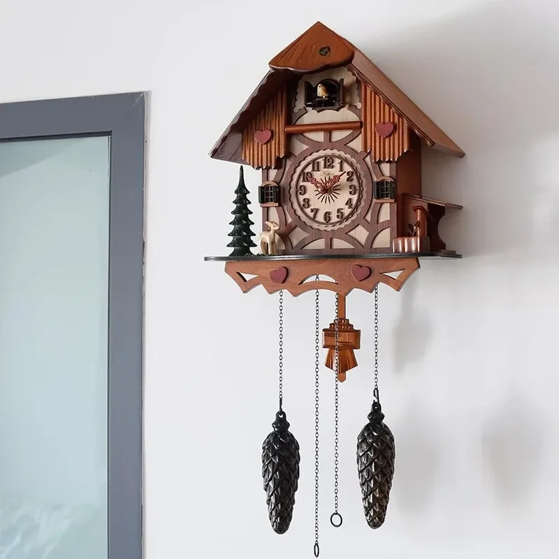 Cuckoo Wall Clock Time Telling At The Hour Hanging Clock Wooden Hand Carved Wall Clocks Light Control Living Room Decoration