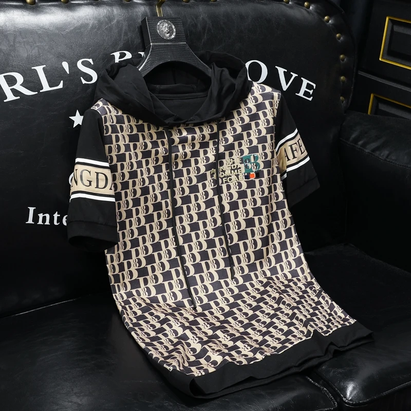 

Мужская хлопковая футболка с коротким рукавом, приталенная, с принтом, новинка лета 2024, с капюшоном, удлиненная, с пятидлинными рукавами