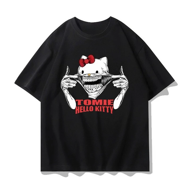 

Hello Kitty Хэллоуин дизайн узор страшный унисекс модная тенденция хлопок Harajuku Y2K High Street футболка унисекс 2025 новинка