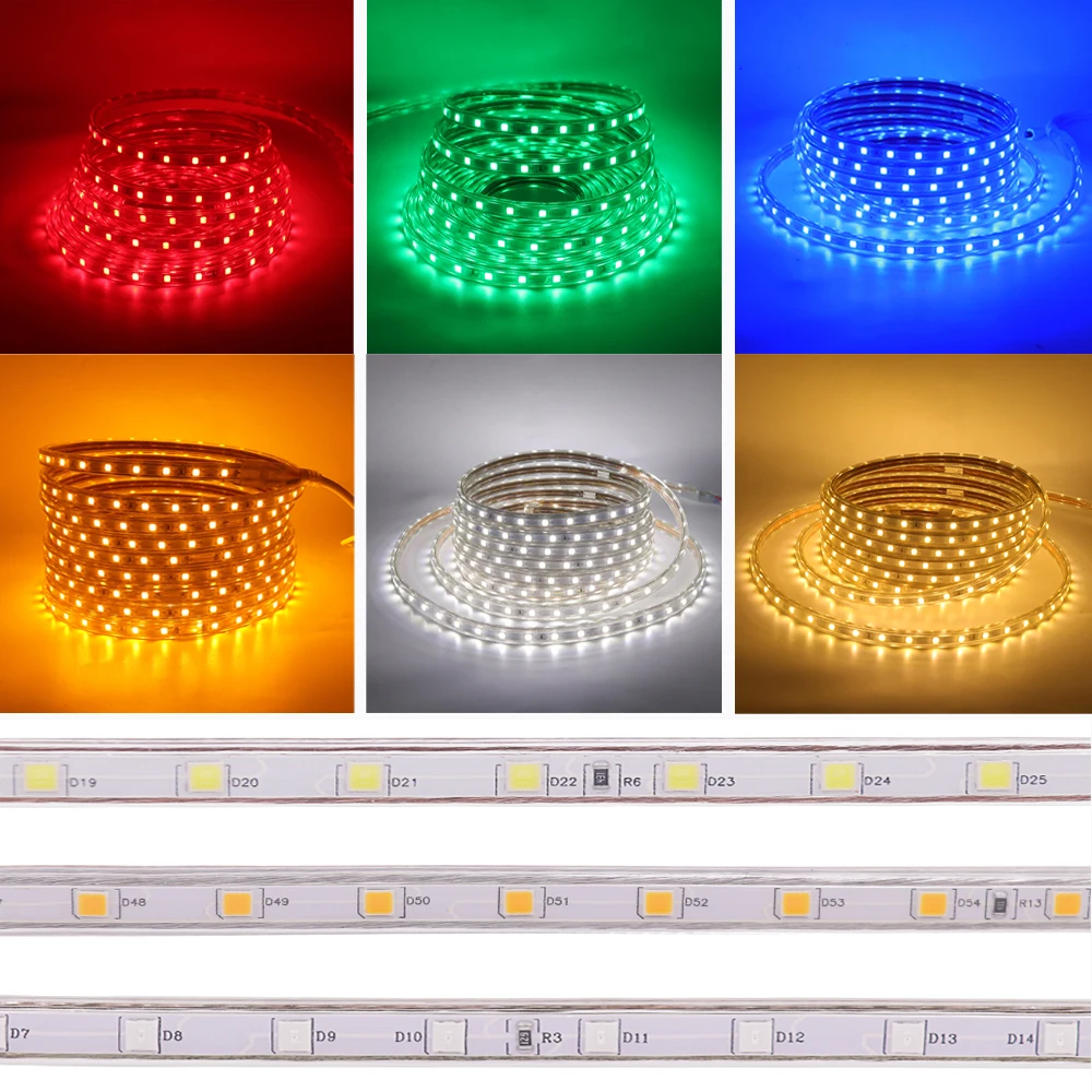 Sakelar ON/OFF AC 220V Lampu Strip LED Dapat Diredupkan 5050 60LED/M Merah Hijau Biru Putih Hangat Lampu Ruangan Tahan Air Steker UE Lampu Fleksibel