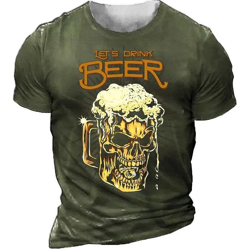 Beer Skull Theme 3D Harajuku Print Men\'s Tough Guy Retro Punk Casual Summer Round Neck Short Sleeve Oversized New T-shirt Tops