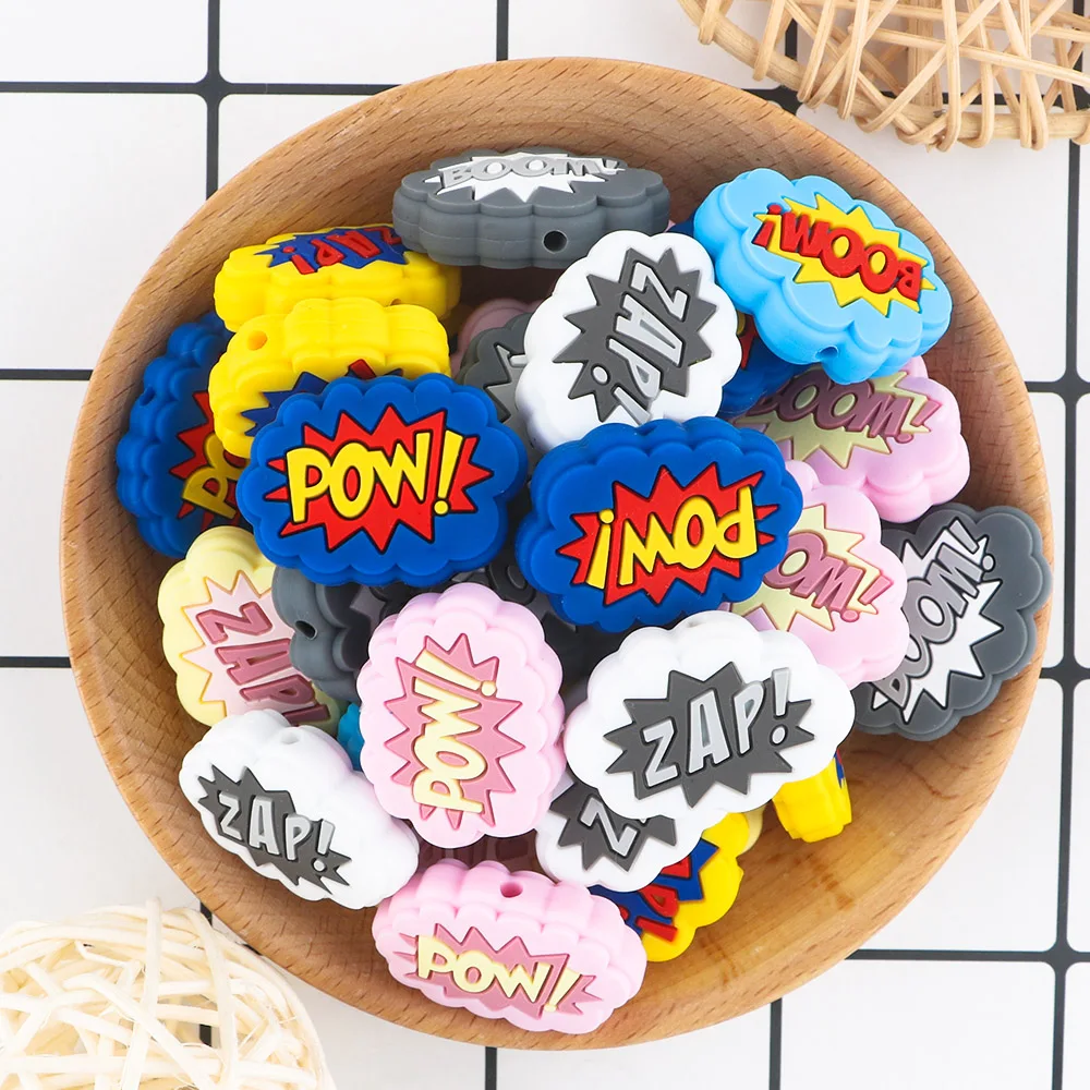 Sunrony 5/10Pcs New Silicone Beads Cartoon Surfboard POW BOOM Letter Bead For Jewelry Making DIY Necklace Jewelry Accessories