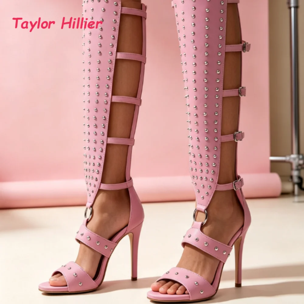 Pink Studded Cutout Knee High Sandal Boots Women Multi Buckle Straps Inner Side Zipper Stiletto Heels Ladies Punk Heeled Sandals