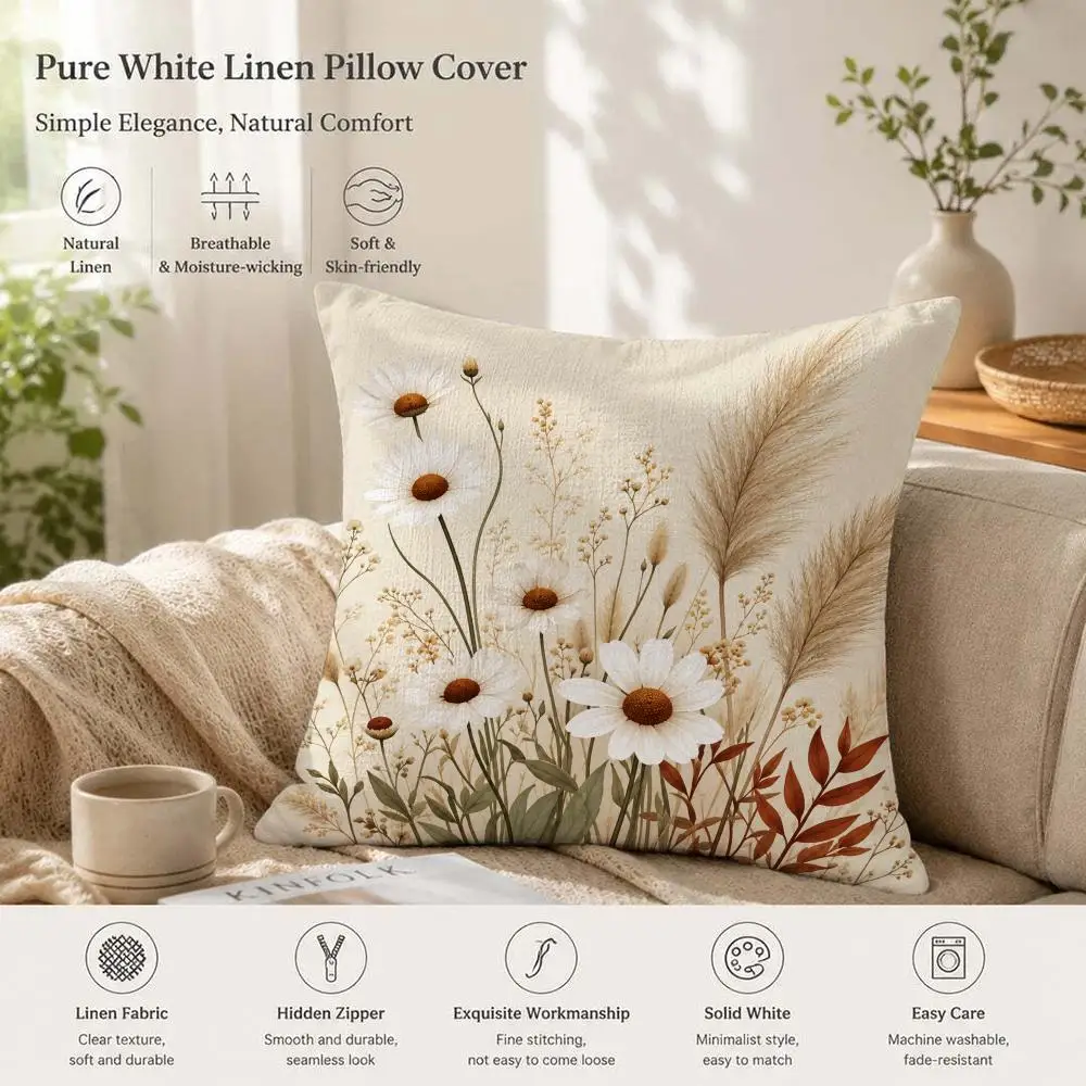 Natural Reeds Daisies Pampas Grass Cushion Cover 1/4PCS Linen Sofa Couch Bedroom Living Room Home Office Decor Pillow Case