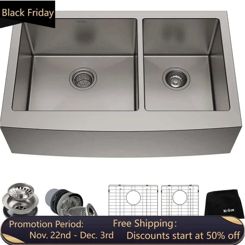 33 inch apron front farmhouse 16 Gauge 60/40 double bowl stainless steel kitchen sink, KHF203-33