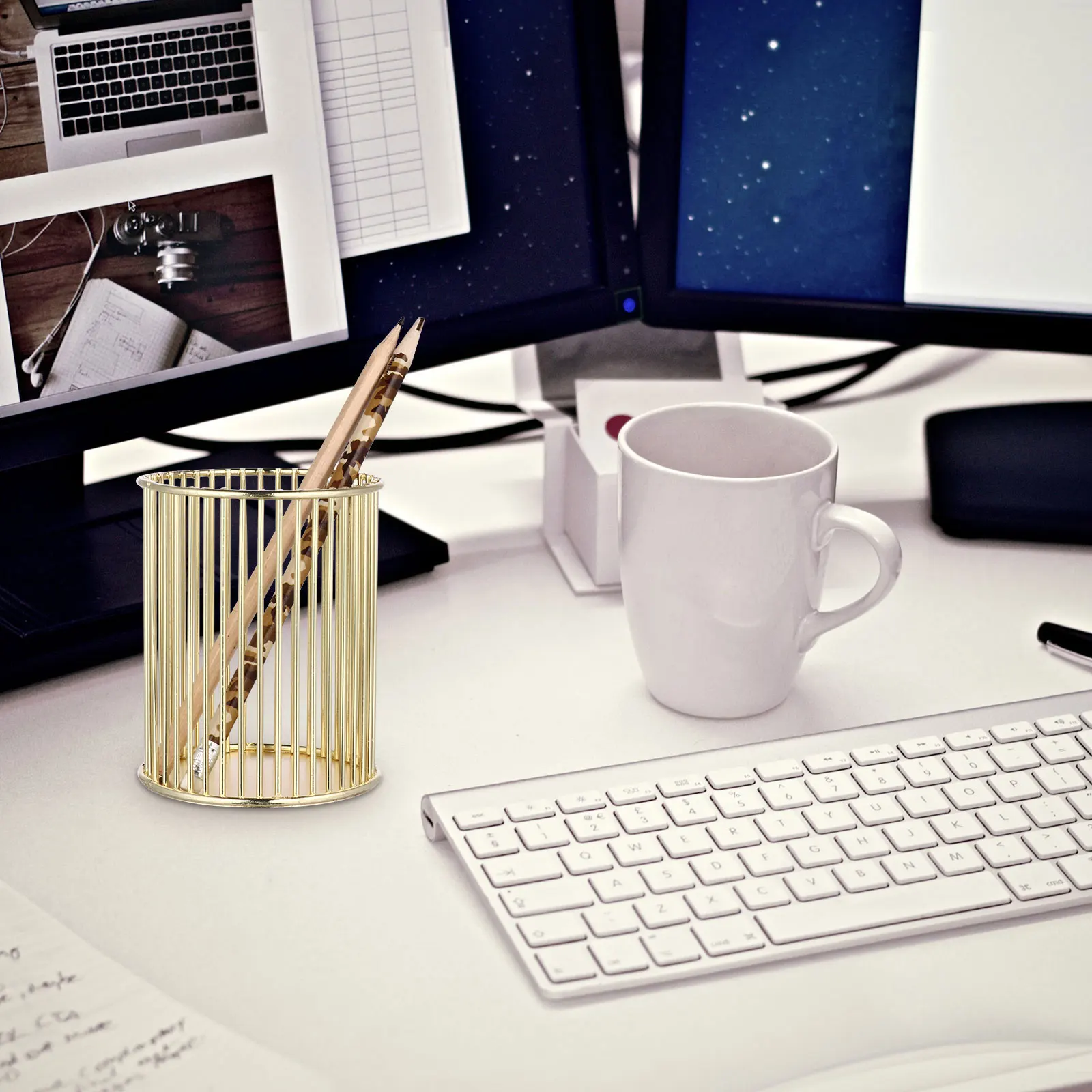 

Golden Metal Desktop Organizer Pen Storage Pot Pencil Holder Makeup Tools Container Name Cards Holder Stationery Bucket for Home