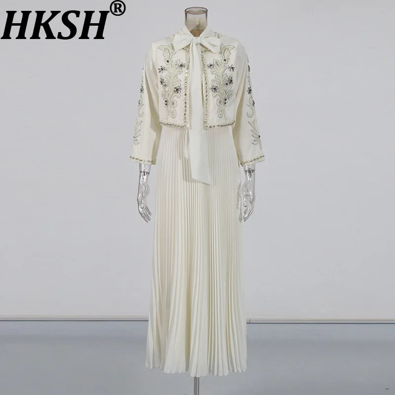 

HKSH весенне-осенний новый женский комплект платьев из двух частей, расшитый бисером и бриллиантами, короткая куртка, плиссированные платья без рукавов, элегантные HK13642