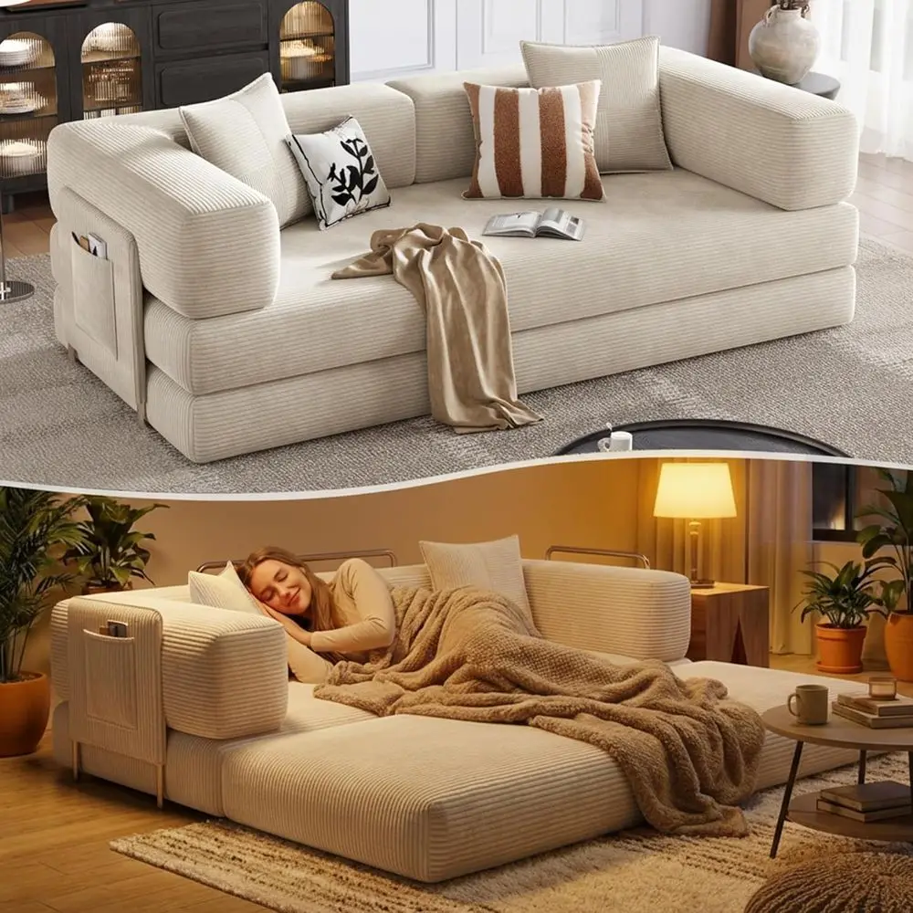

78.8" BonelSleeper Soa Bed,Convertible uton Couch with Storage ket and 2 Pillows,ular Corduroy Soa or livingroom,Small speace,Wh