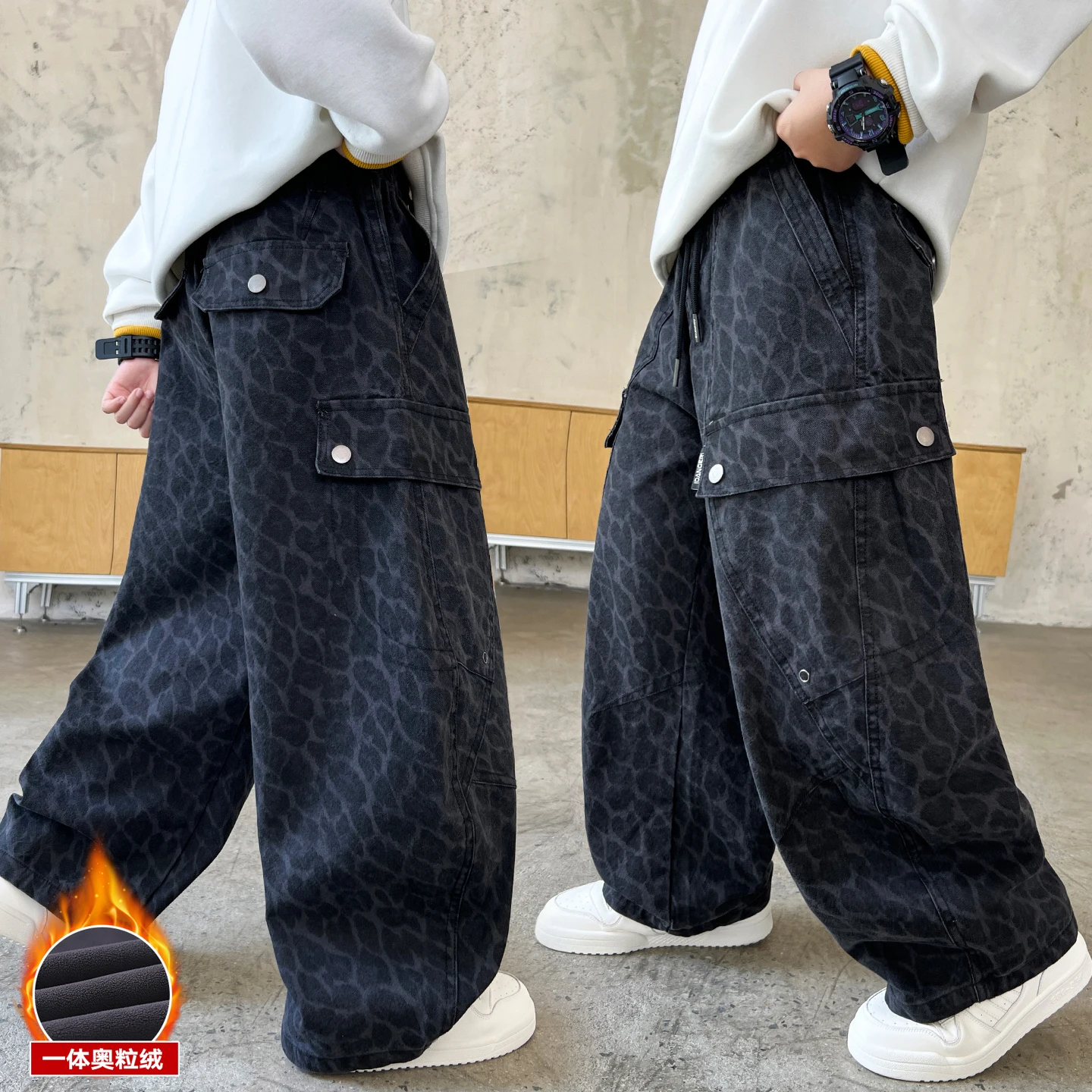 

Kid Autumn Winter Gradient Trousers Teen Children's Insulated Fleece Loose Denim Pants Age 4-14Y Boys Jeans with Leopard Printed
