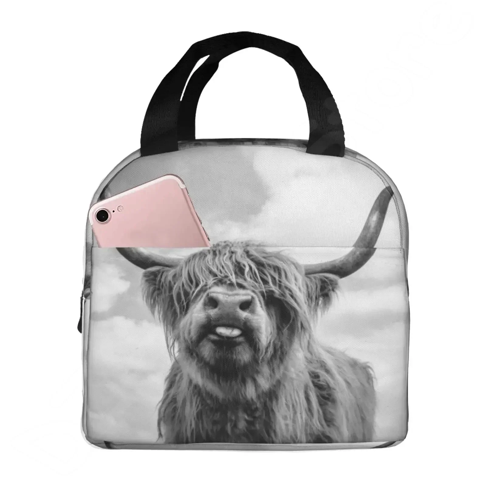 Highland Cow Funny Bull Thermal Lunch Bag Cute Western Wildlife Animal Portrait Bento Bags Insulated Lunch Box for Work School