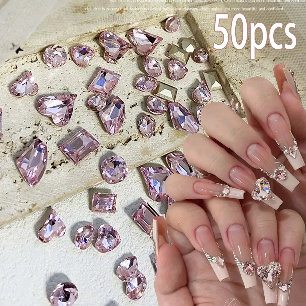 50pcs 3D Mixed-Shapes Pink Crystal Nail Art Rhinestones Big Sizes Pointed Bottom K9 Glass Diamond Nail Gems DIY Nail Charm Decor