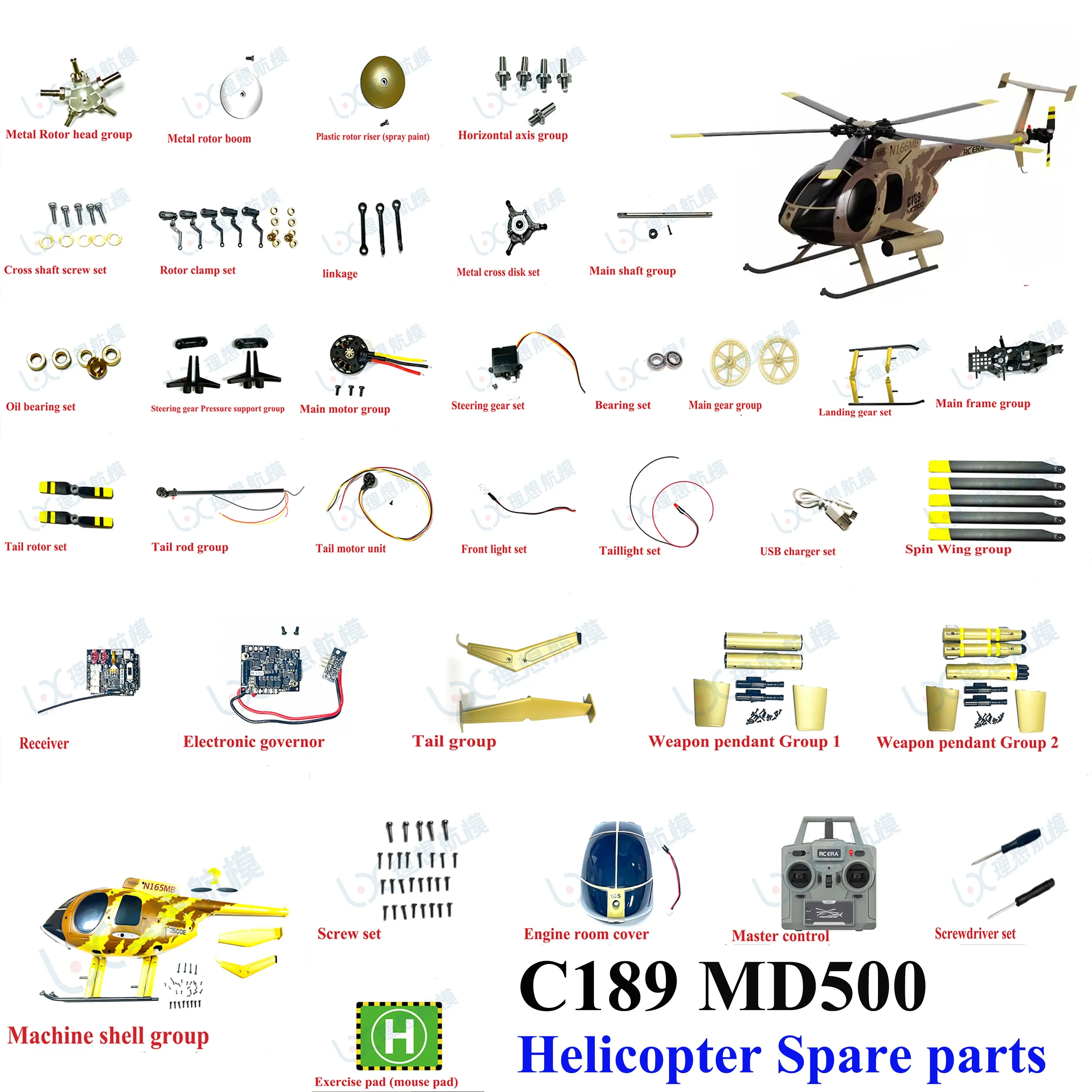 C189 MD500 RC Helicopter Original Parts and Accessories Motor Steering Gear Tail Rotor Light Group Receiver Machine Shell