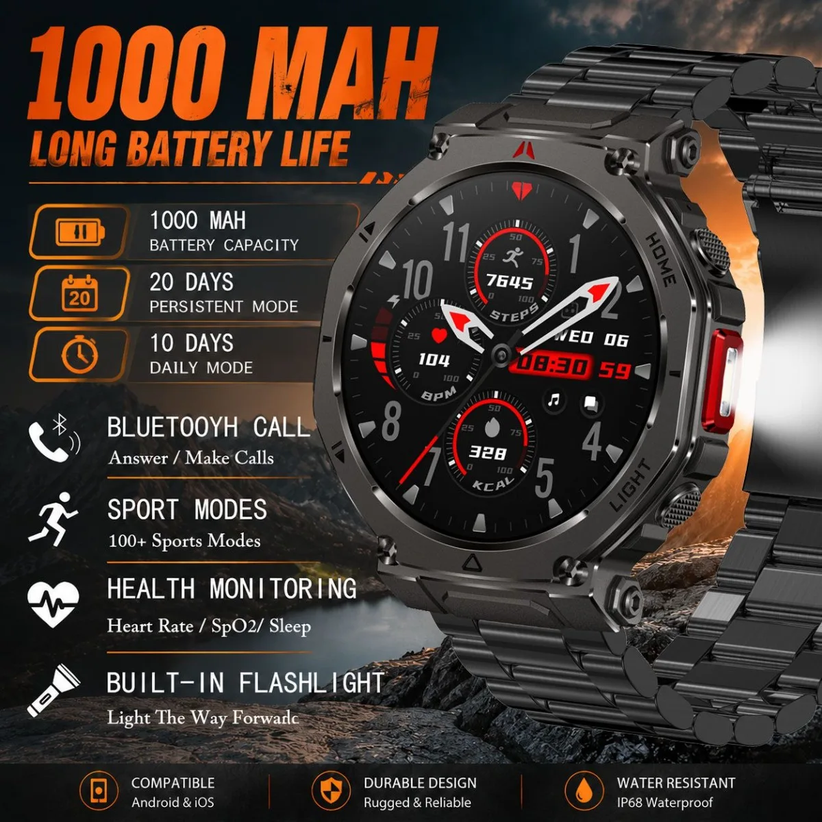 2026 New Smart Watch Men: 1000 MAh Ultra Long Battery Life Bluetooth Calling 100+ Sports Mode Compass Flashlight Smartwatch