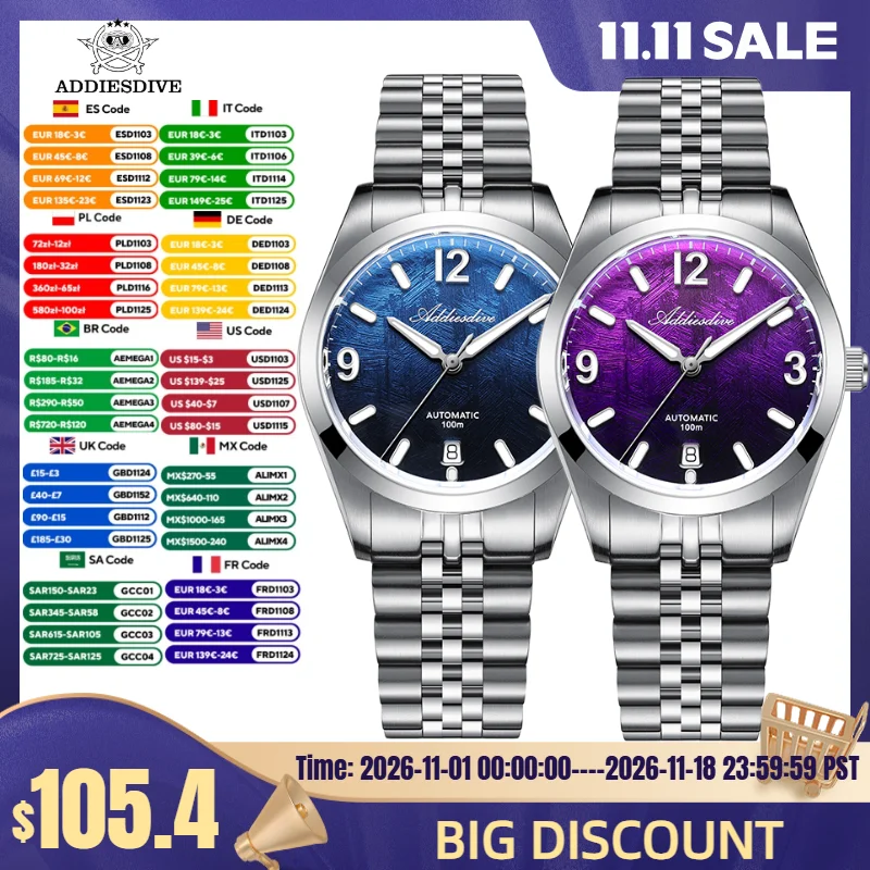 ADDIESDIVE Hot Sale Men Watch AD2547 Sapphire Glass 10Bar Diver BGW9 Luminous 316L Stainless Steel Automatic Mechanical Watch