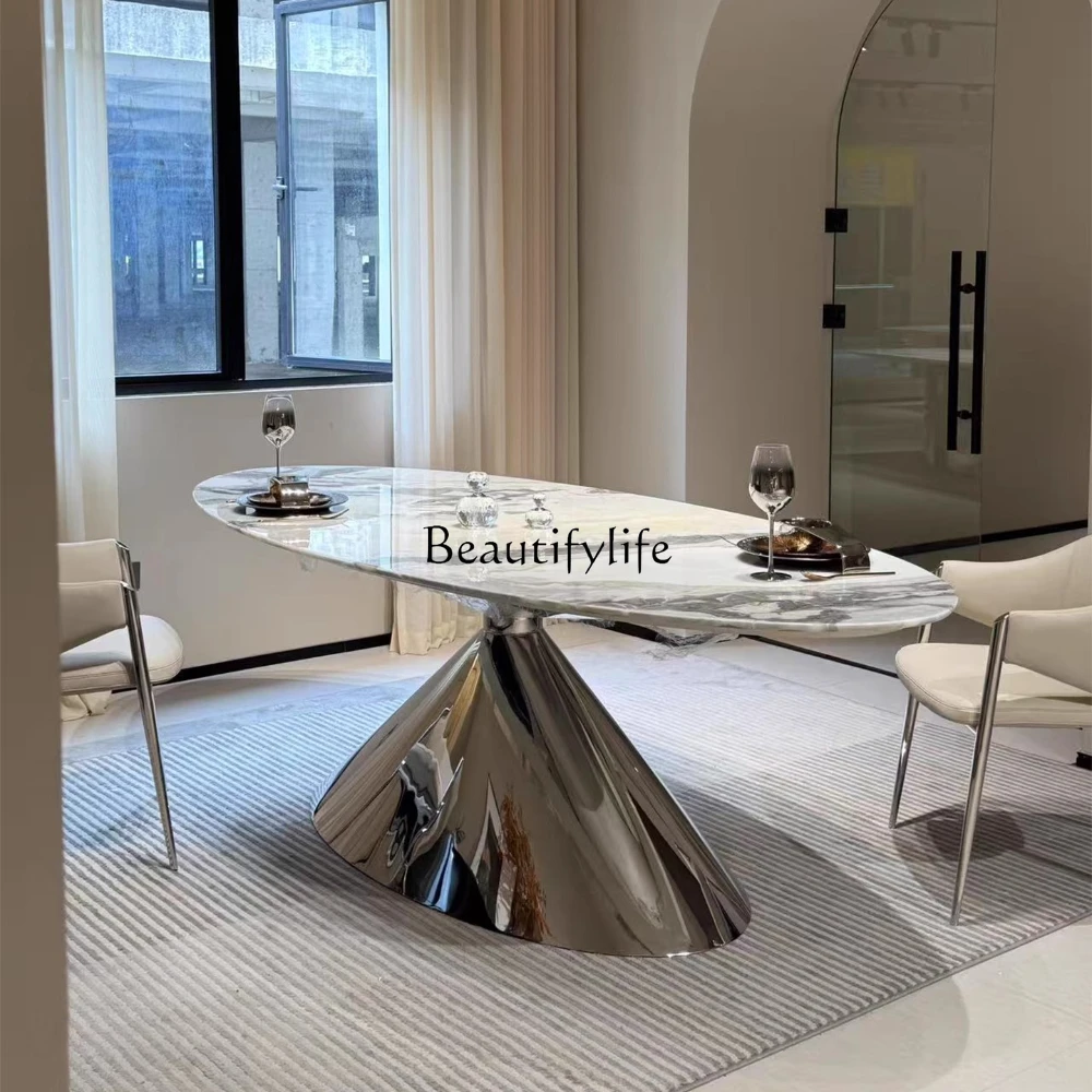 

White luxury stone dining table Italian minimalist high-end light luxury oval marble table