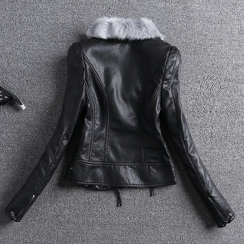 Fashion Slim Rex Rabbit Real Fur Collar Thick Women Leather Jacket Autumn Winter Thick Leather Coats Outerwear Plus 4XL YTNMYOP