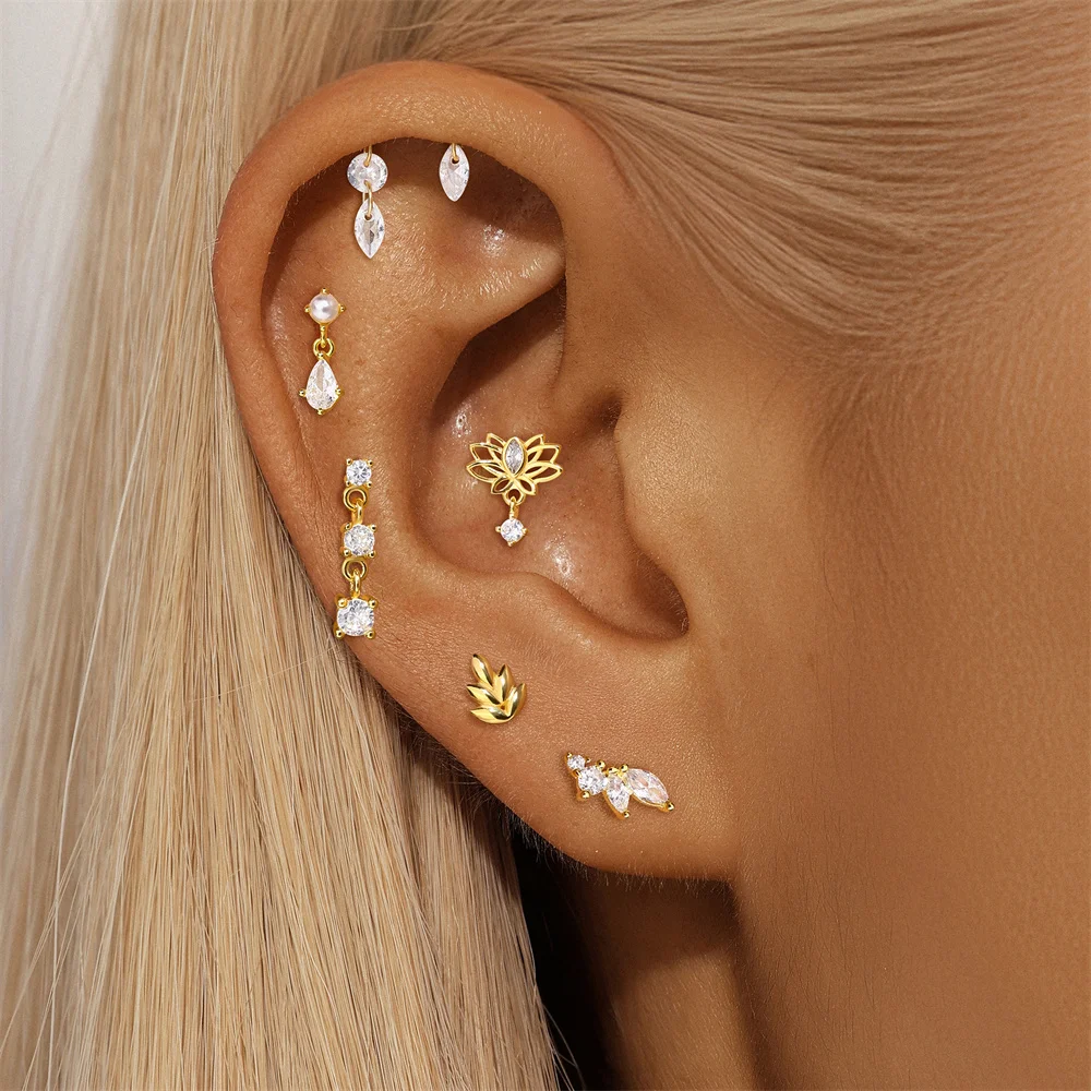 CANNER 1PC Opal Geometric Puncture Flat Bottom Threaded Cartilage 925 Sterling Silver Earring For Women Ins Butterfly Earring