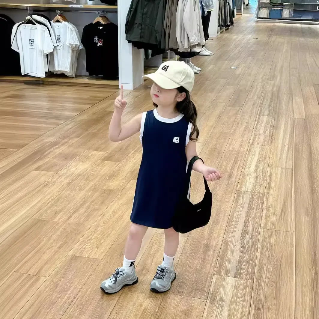 Korean Children Clothing 2024 Summer Girls Sleeveless Vest Dress Children Long Color Blocking Sports Style Girls Clothes