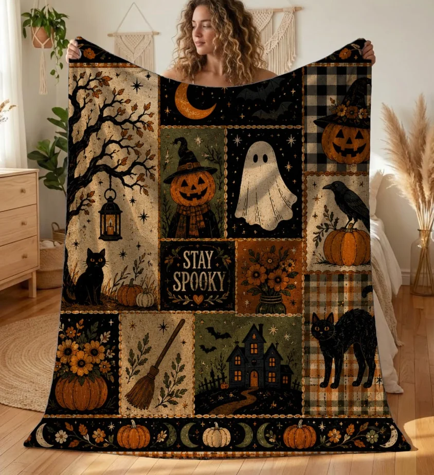 Stay Spooky Patchwork Blanket, Vintage Halloween Throw, Cottagecore Fall Room Decor, Witchy Ghost Black Cat Gift Idea Blanket