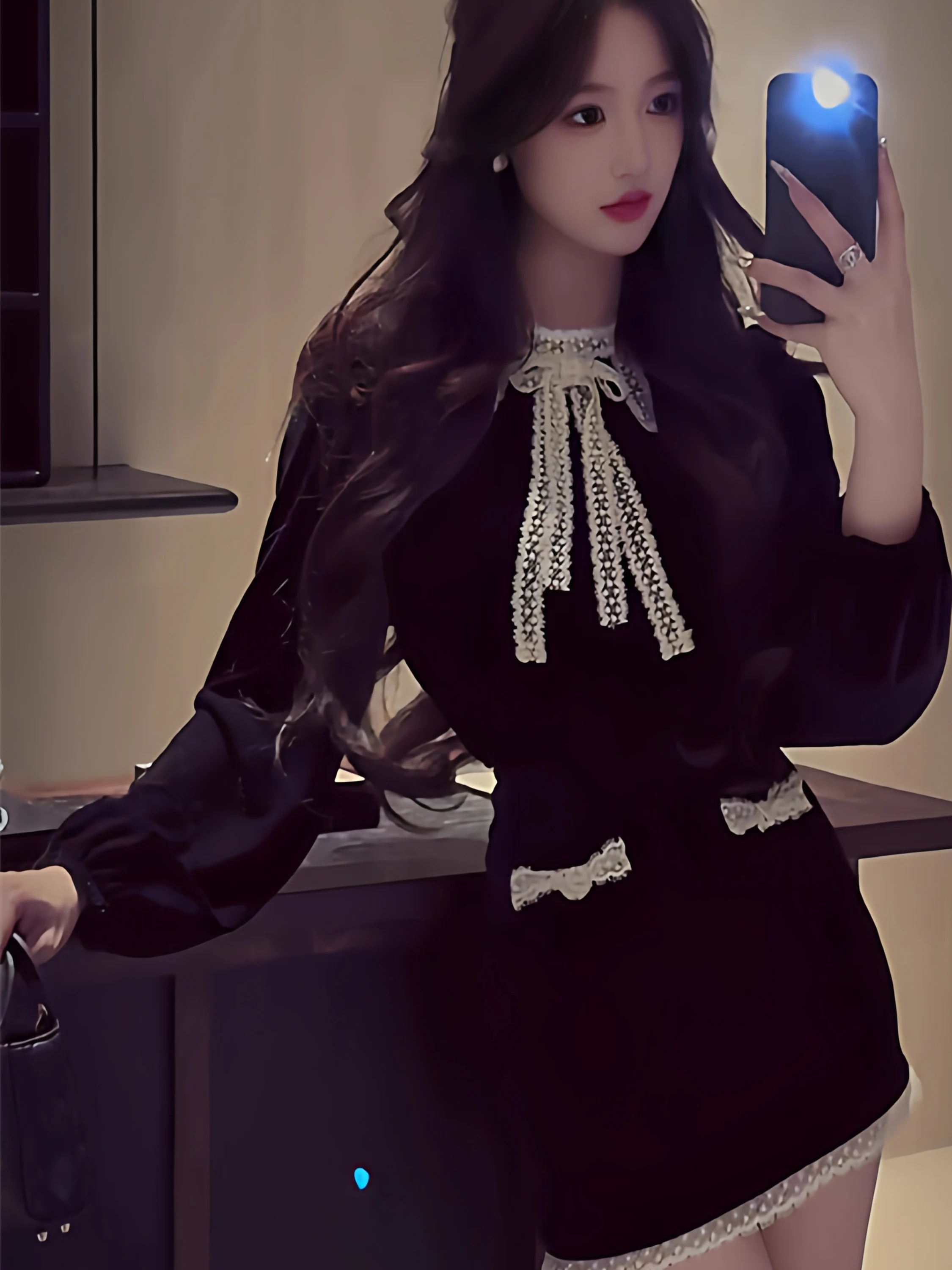 

plus Size Women's Lace Knot Long Sve Top And f Skirt Set Spring Slimming Two-Piece Suit Korean Sle Sweet Wind