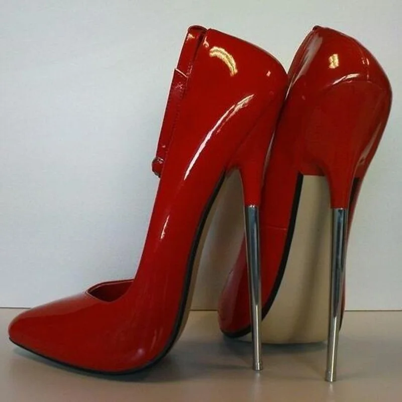 

Sky High Heels Metal Women Pump Pointed Toe Ankle Strap 13cm 16cm Patent Leather Club Evening Party Shoes Purple Red Black