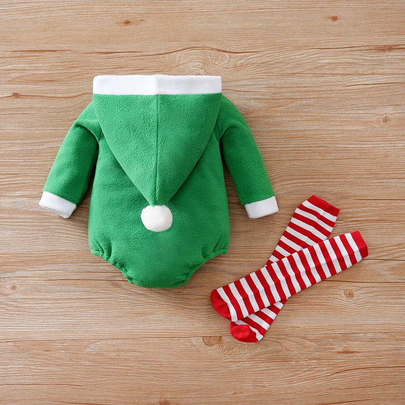 Christmas Newborn Clothes Cute Green Elf Soft 0-18 Boys And Girls Spring And Autumn Long Sleeved Baby Triangle Jumpsuit+Socks