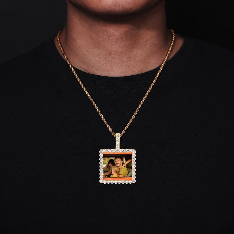 Customized Necklaces Circle Chain Picture Personalized Brass Zircon Memory Pendant with Photo Square Design Gift for Men Women view 3