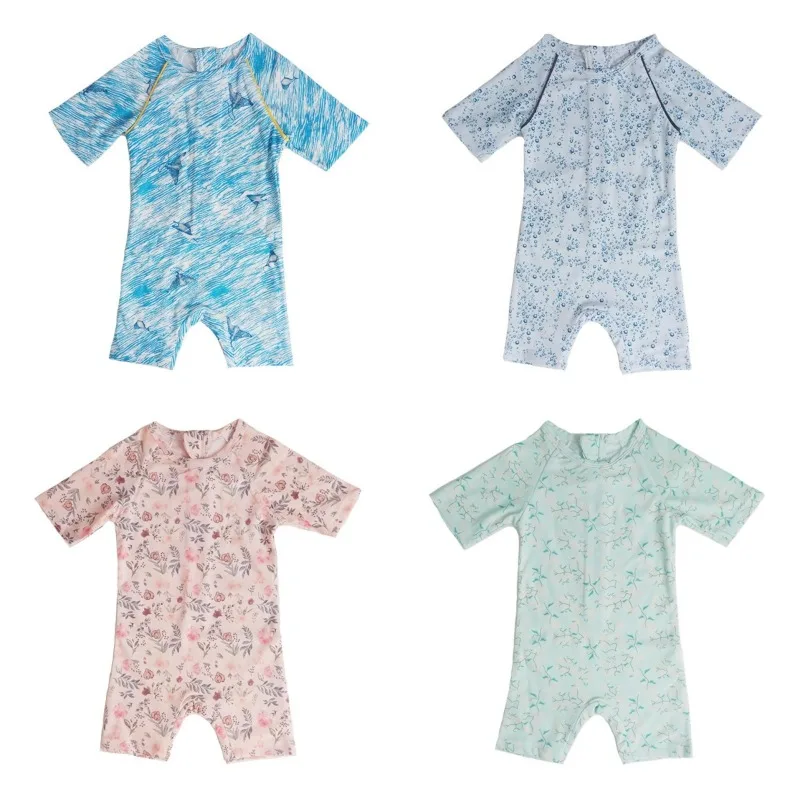 

Летний детский быстросохнущий цельный купальник с принтом и короткими рукавами, пляжная одежда для мальчиков и девочек