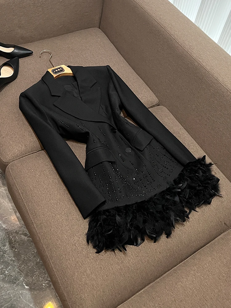 

Ele Slimming Double Breasted Heavy Rhinestone Waist Cinched Suit Dr Feather Skirt ort Ci Commute Sle WY697