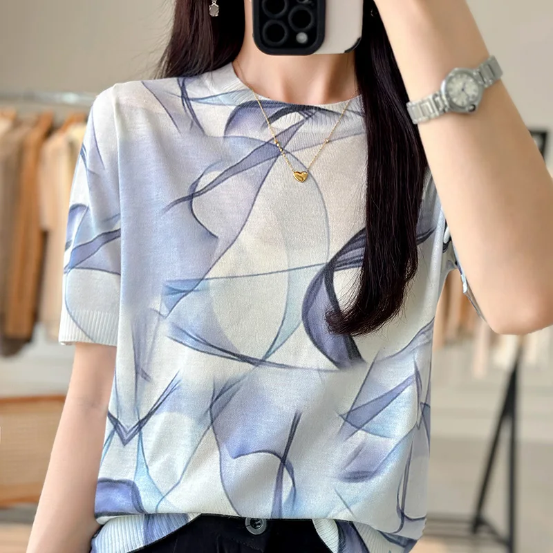 Thin Knitted Short-Sleeved Mulberry Silk T-Shirt In Summer With Women\'s Wool Printed Half-Sleeve Loose Ice Silk Bottoming Shirt