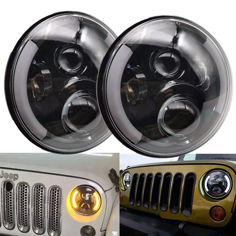 

Black 7 Inch Headlight Angel Eyes Halo H4 Led Headlight For Lada Niva 4X4 Uaz Offroad Hunter Hummer for Jeep Wrangler 12V 24V