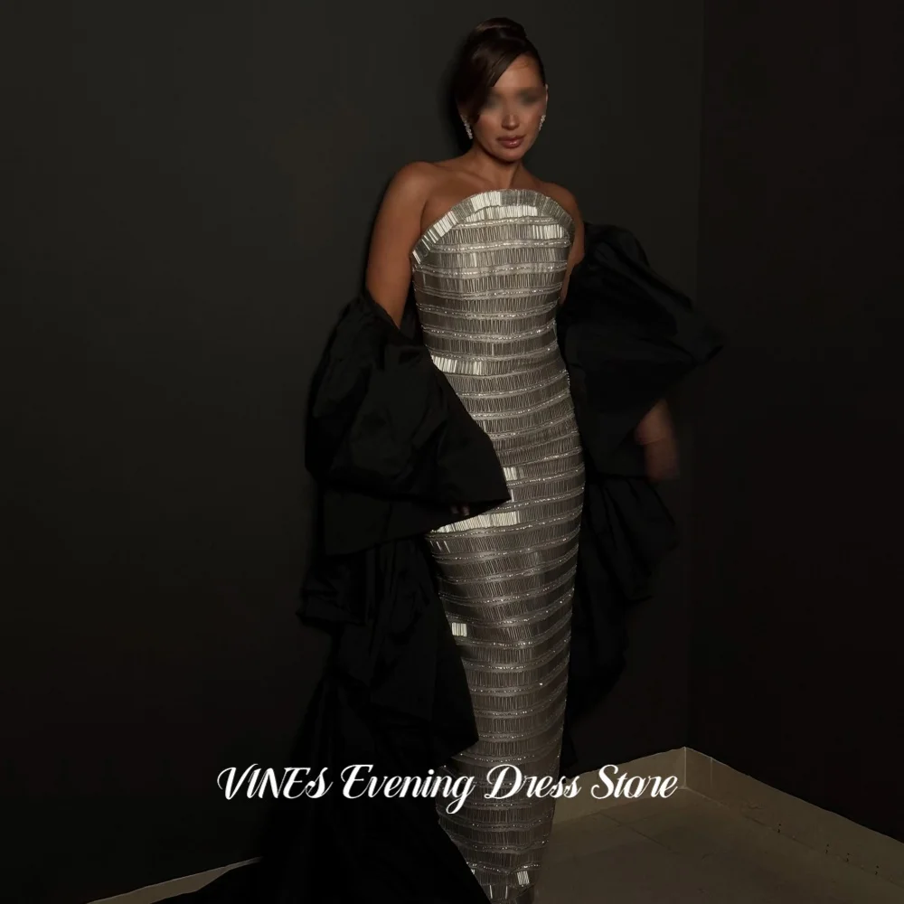 VINES Luxury Silver Strapless Prom Dress Sequin Beaded Elegant Evening Gown Layered Cape Fitted Mermaid Party Dress Customized