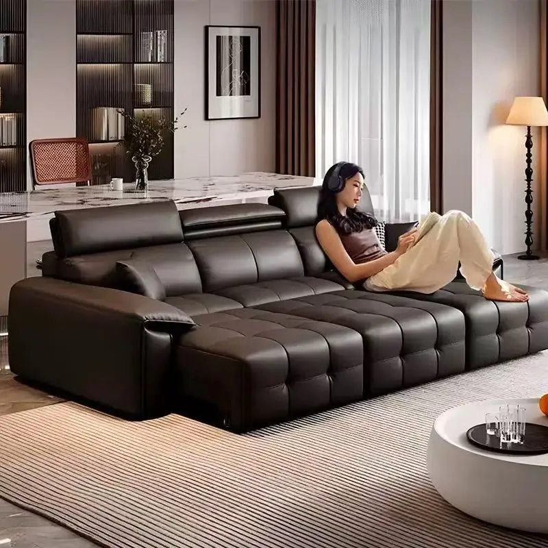 Electric Function Leather Sofa Bed Recliner Dual Use Living Room Double Sofa Sleep Retractable Couch Wohnzimmer Furniture