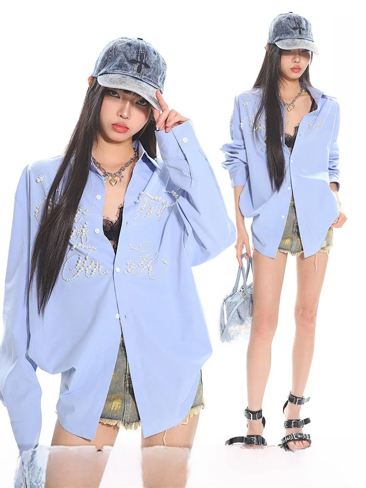 

Uncmhisex Heavy Pearl Lettering Loose Women's irt Jaet Spring Summer Lazy Sle Long Sve Mid-Length Outerwear