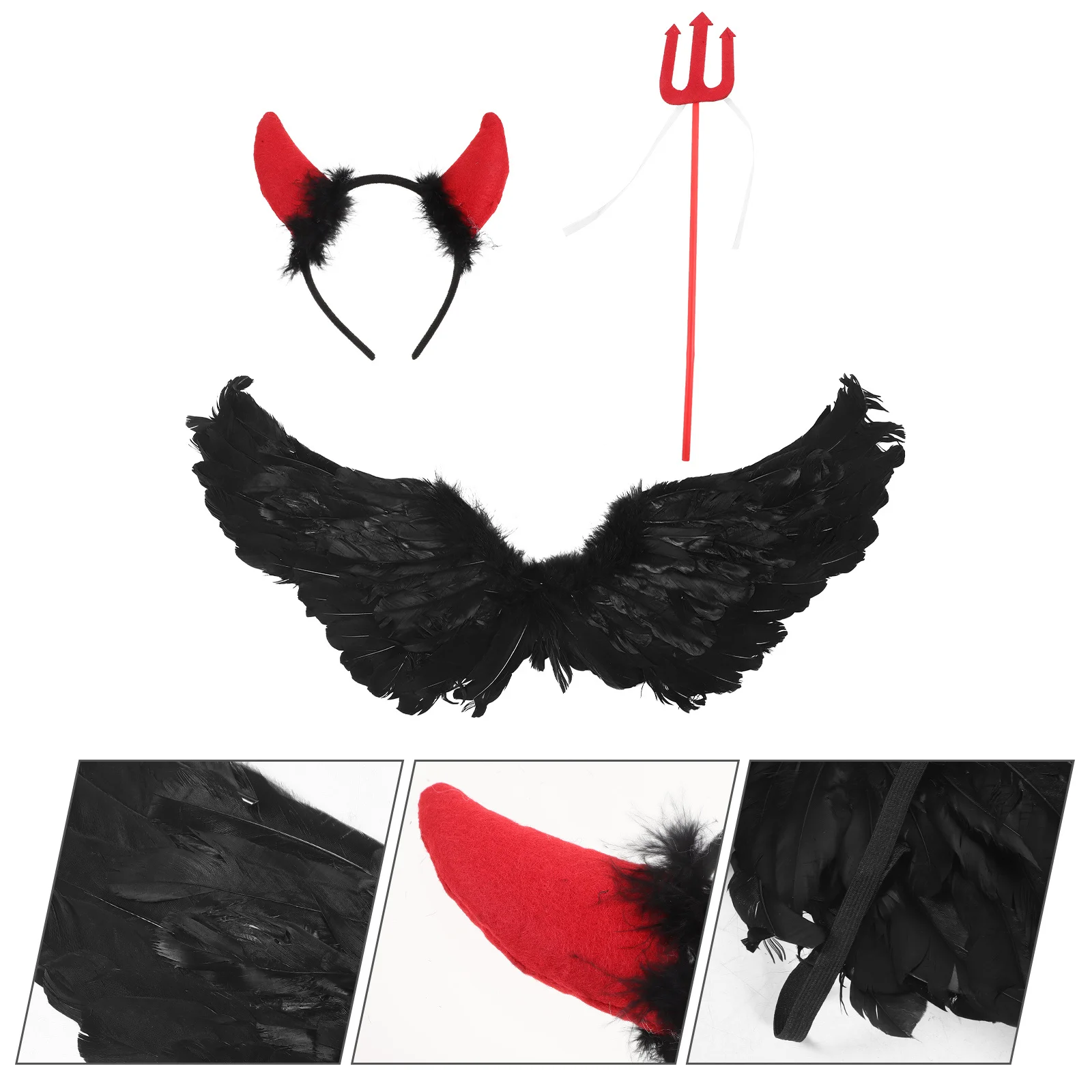 1Set für Kinder Halloween-Kostüm-Set mit Horn-Stirnband, Flügel, Kunststoffgabel, schwarze Kinderflügel für Halloween