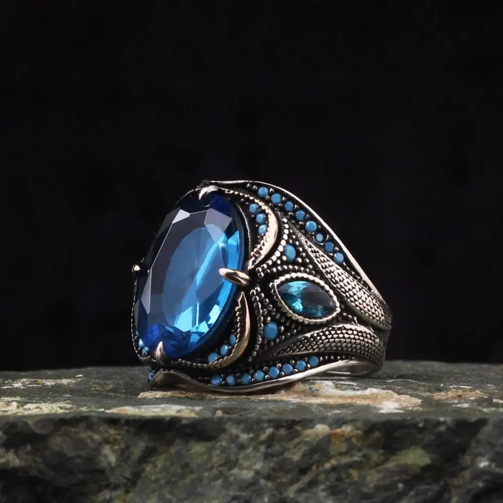 Turkish Handmade Vintage Dark Blue Zircon Stone Rings Ancient Silver Color Pattern Rings For Men Trendy Islamic Muslim Jewelry