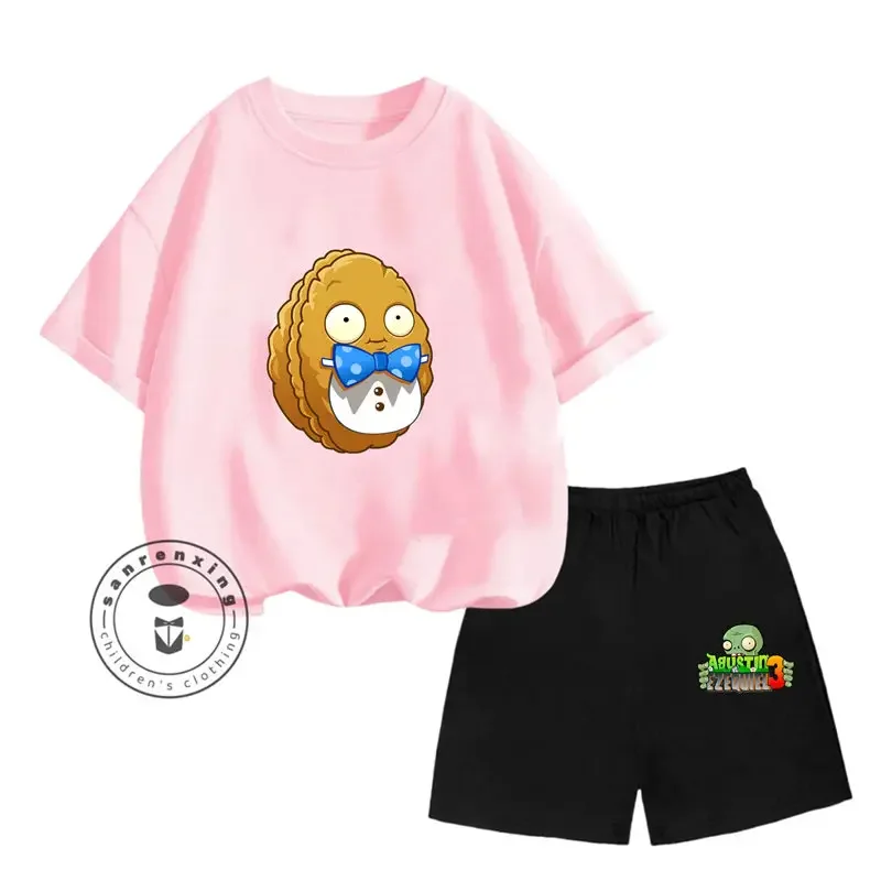 Kids Kuromi T-shirt Summer Plants Vs. Zombies Kids Cartoon Casual Short Sleeve T-shirt Set Baby Boys Clothing Girls Clothing