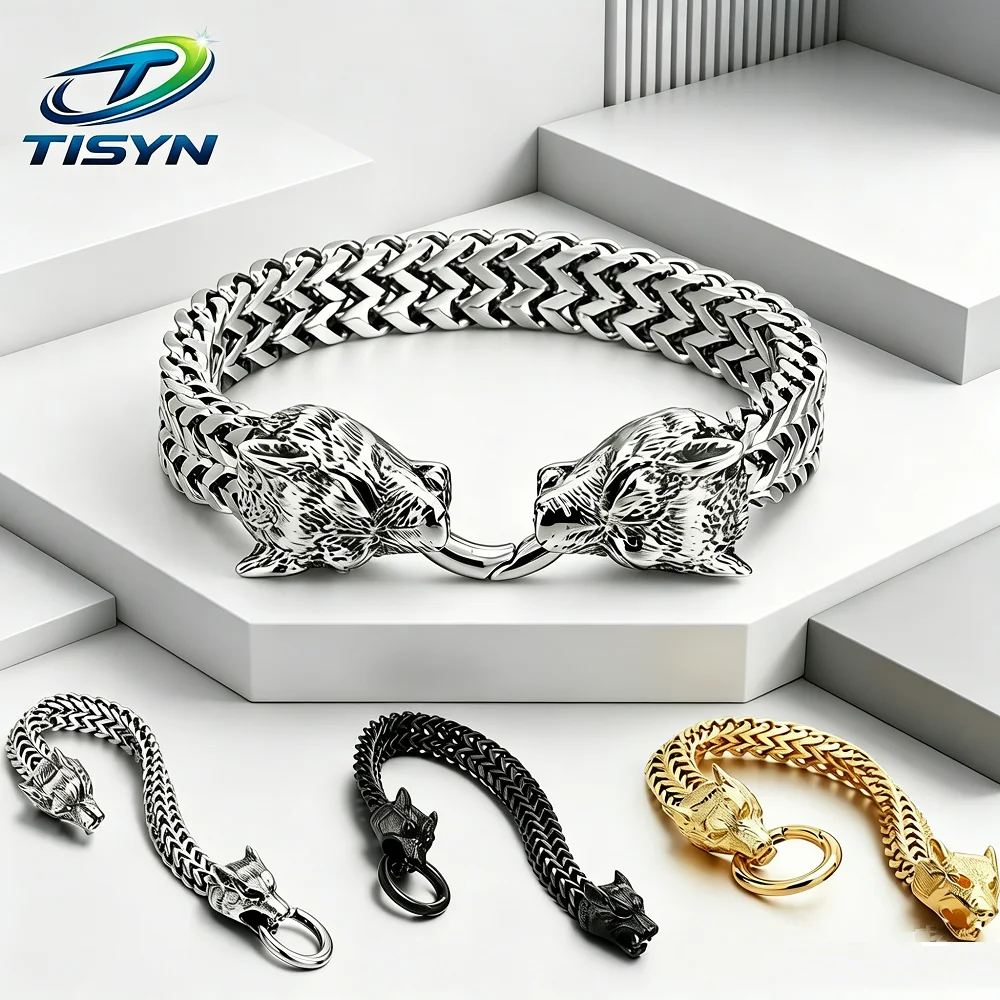 

Men Vintage Wolf Head Stainless Steel Bracelet Double Wolf Curb Chain Link Biker Wristband Punk Jewelry Gift for Him