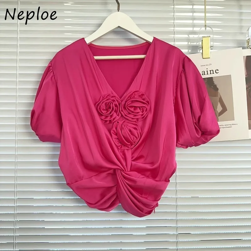 Neploe Elegant Vintage 3D Flower V-neck Shirts Women 2024 Summer New Puff Sleeve Blouses Y2k All-match Loose Blusas Mujer