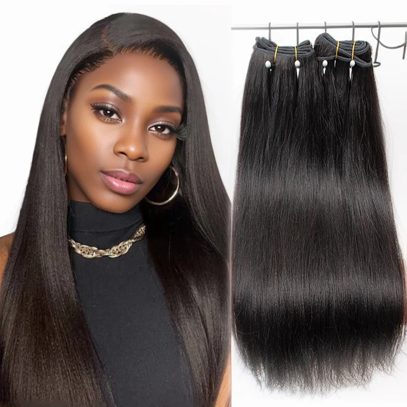 

MRS HAIR Light Yaki Bundles Human Hair Yaki Straight Hair Bundles Remy Double Weft Bouncy Fluffy 1B Natural Black 12-24inch 100G