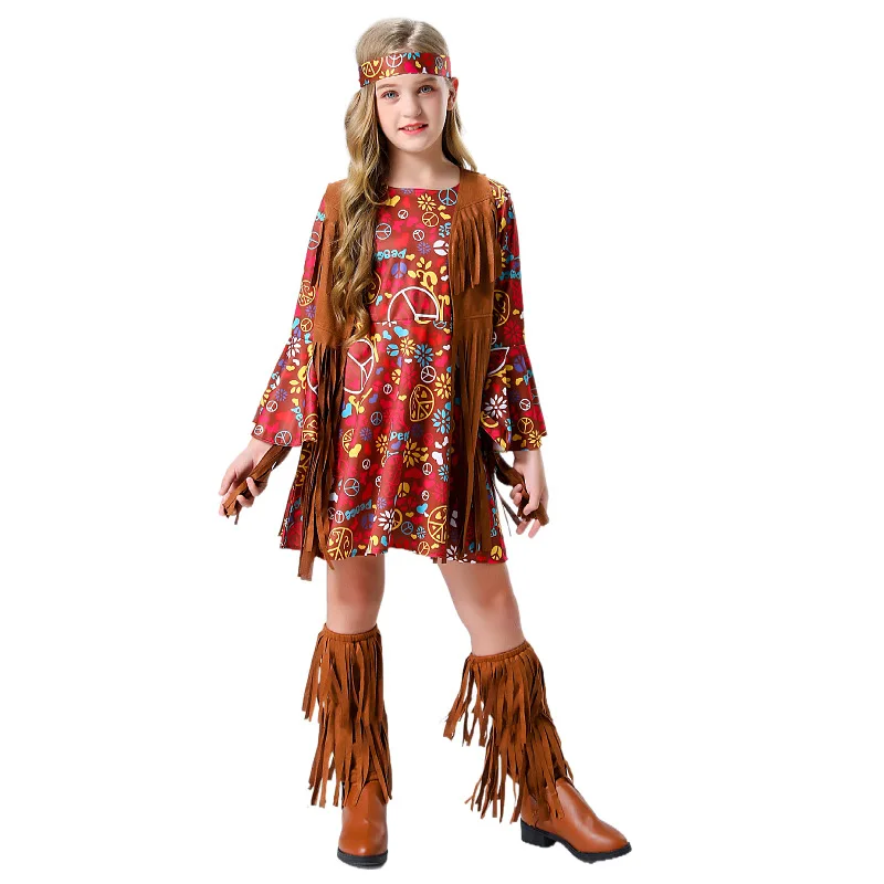 

Child Retro 60s 70s Tassels Hippie Costume Halloween Party Cosplay Hip Ho Disco Girl Hippy Dress Up