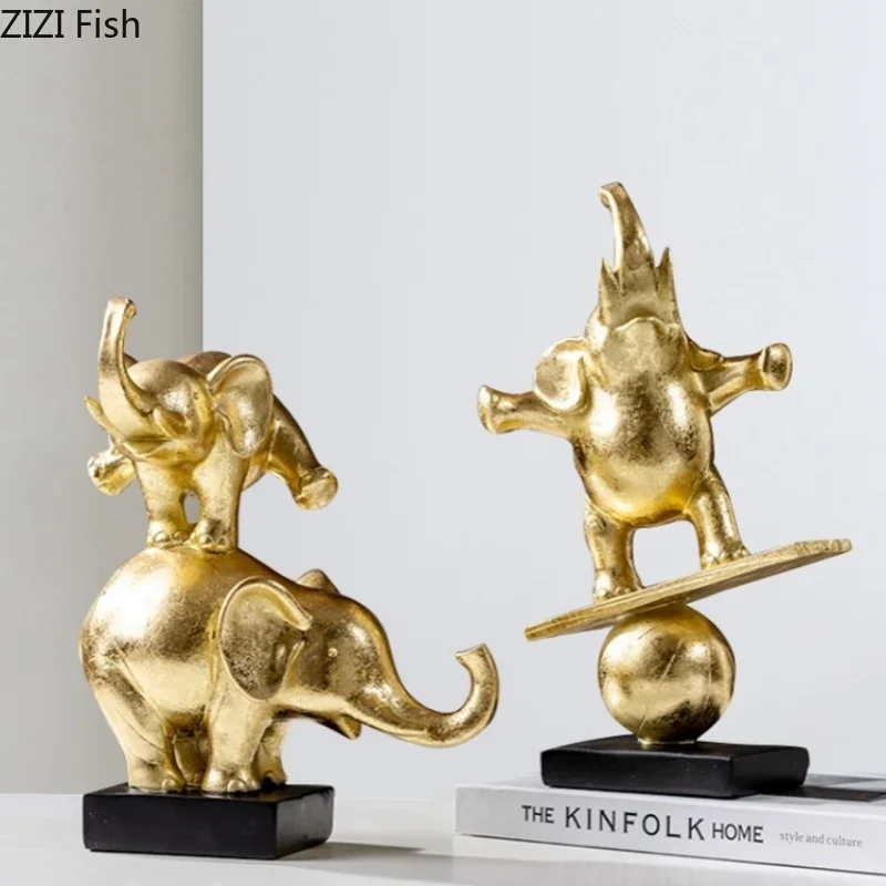 

Resin Gold Elephant Sculpture Ornament Living Room Display Animal Figurines Crafts Home Decoration Accessories Statue Miniatures