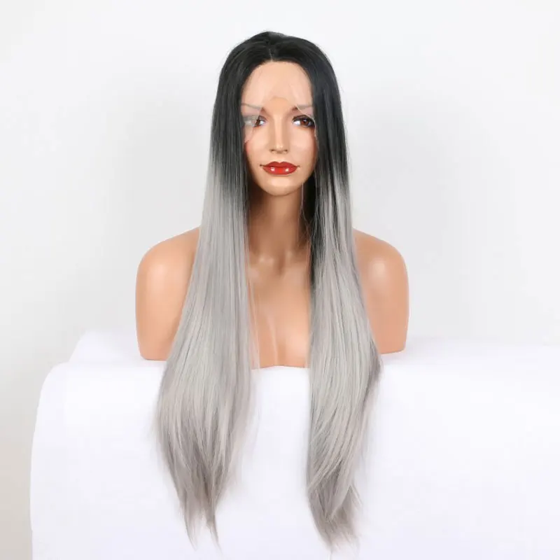 Hitam Ombre abu-abu lurus sintetis 13X4 renda depan wig kualitas tinggi tahan panas serat rambut belahan Tengah untuk mode wanita