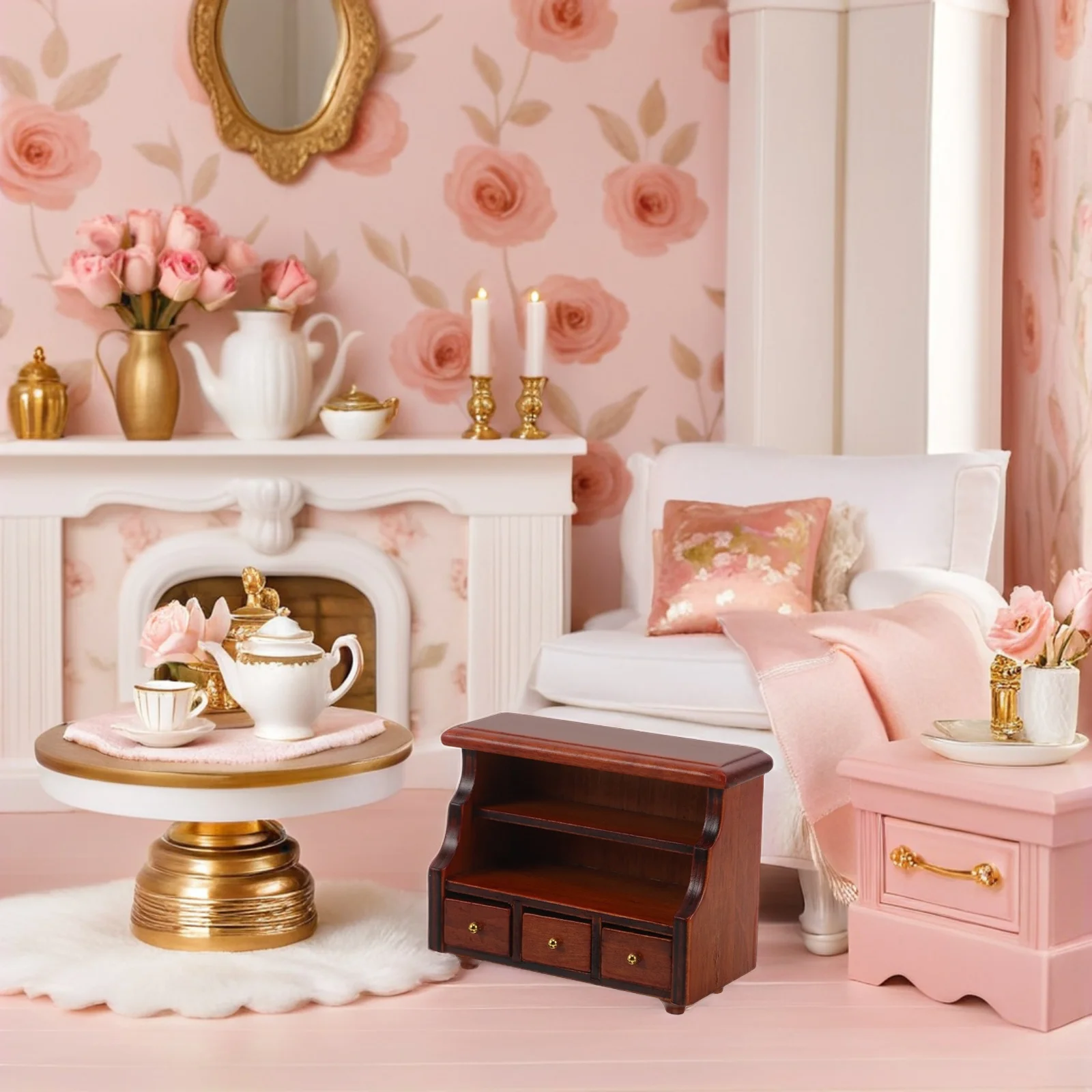 

Miniature Dollhouse Bookshelf Vintage Wood Storage Cabinet For Living Room Micro Scene Mini Furniture Craft Shelves Display