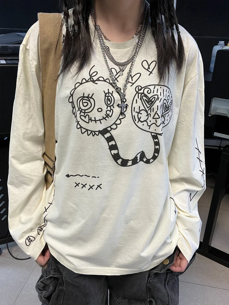 Retro Vintage Base Shirt Women's Heart Line Sketch Dirty Long T-shirt Cotton Spandex Blend Spring 2025 Fashion Ladies Tee