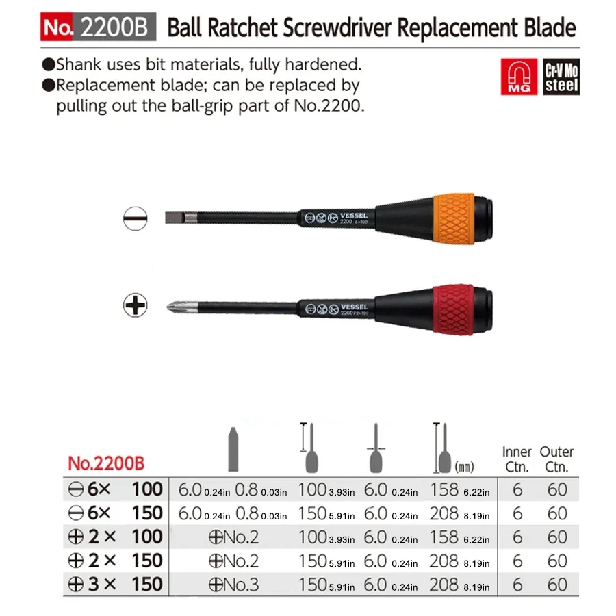 VESSEL 2200B 6-Piece Ball Handle Ratchet Screwdriver Set for Phillips and Slotted Screws Repair Hand Tools