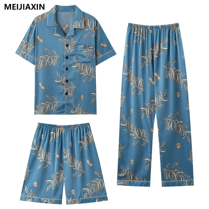 Summer Silk Men Pajamas Short Sleeve Turn-down Collar Male Sleepwear Casual Soft Loose 3Pcs Set Mens Pyjamas L-5XL