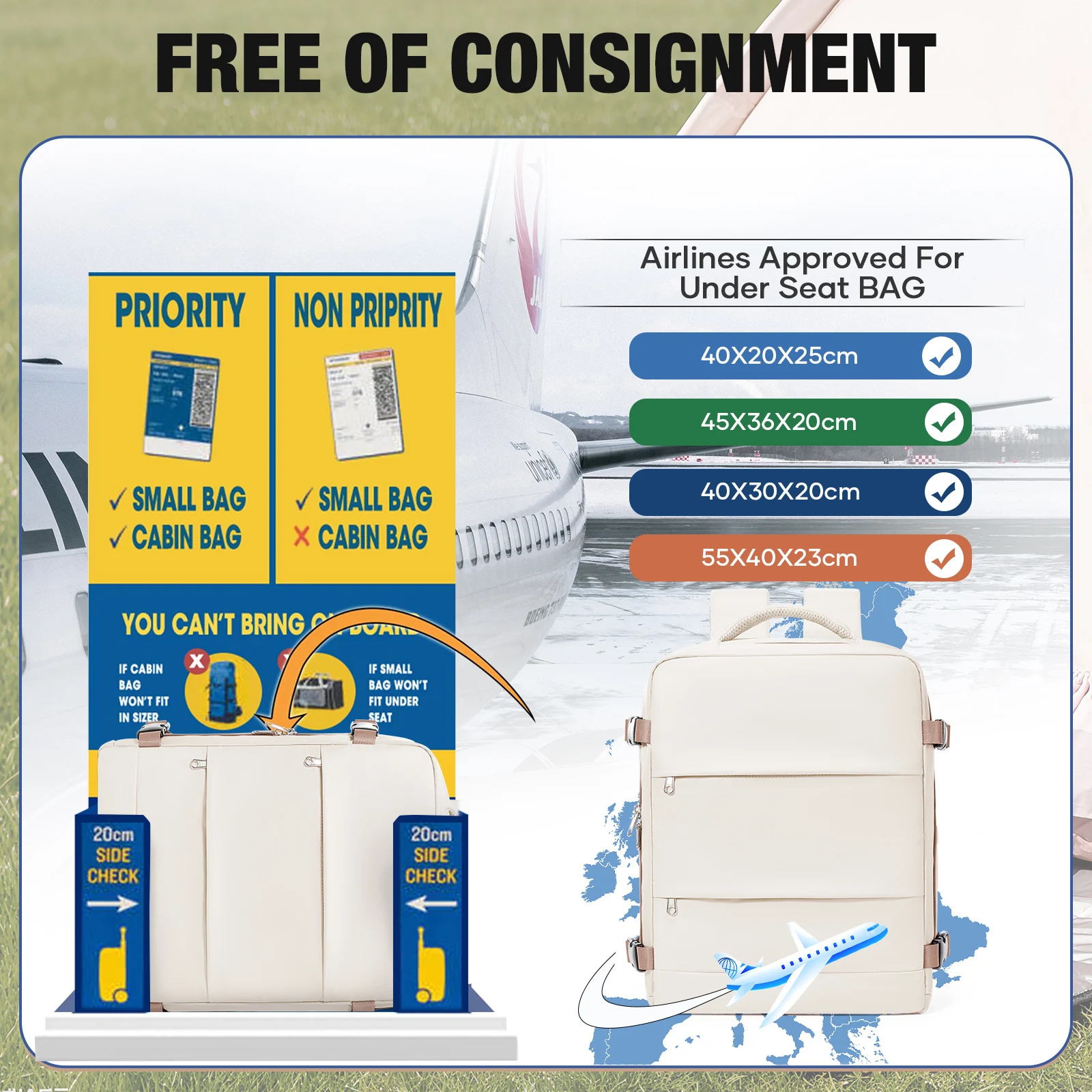 حقيبة ظهر Ryanair 40x30x20 للسفر، حقيبة أمتعة يدوية للطائرات، حقيبة كمبيوتر محمول لمسافات قصيرة، حقيبة ظهر للطلاب الجامعيين